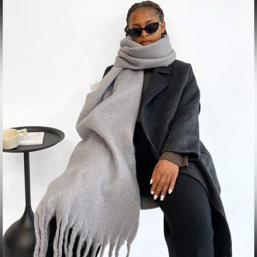 Gray Wide Shawl Scarf With Tassels Fuzzy Knit